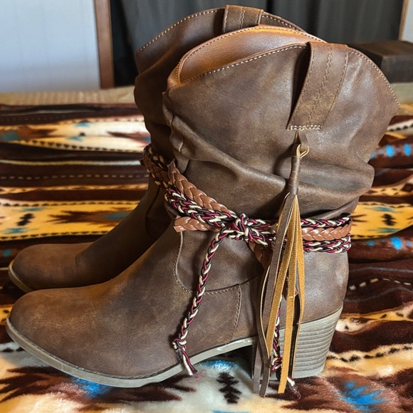 Shoes - Brown Heeled Boots with Braided Accent